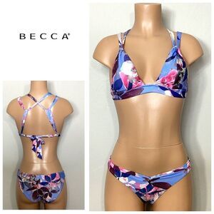 New. BECCA blue floral bikini set. D-top/XS-bottom. Retails $149
